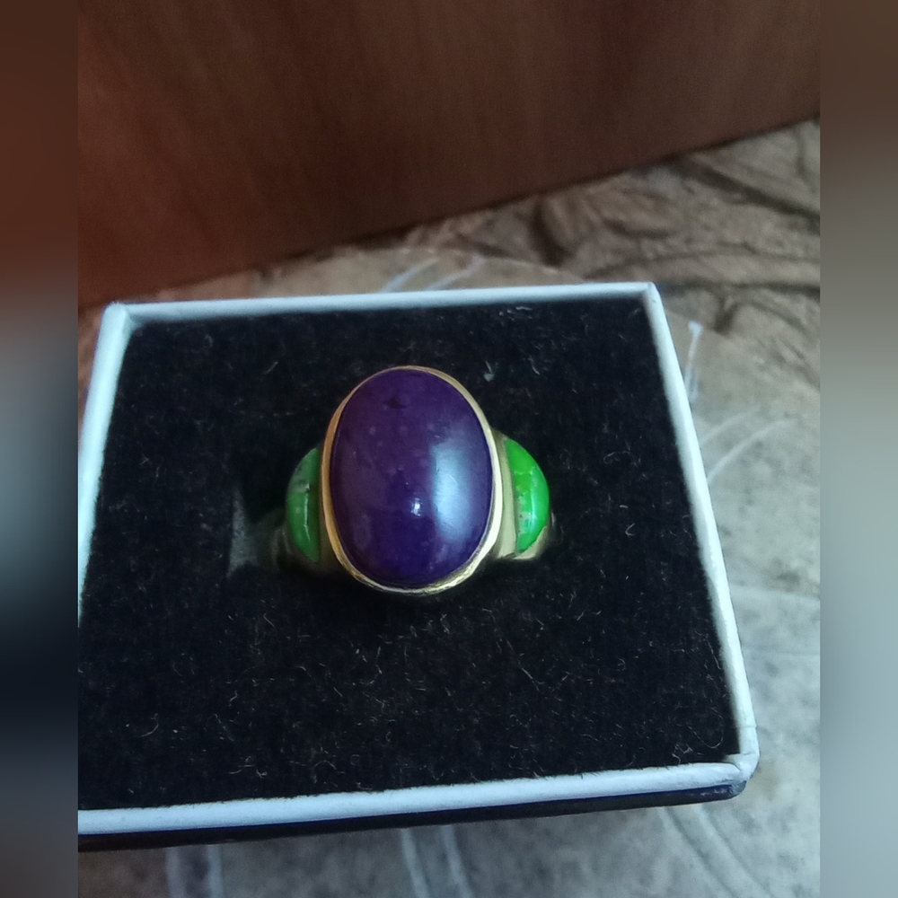 14k Solid Gold & Amethyst/Gaspeite Cabochon Vintage Ring Size 7